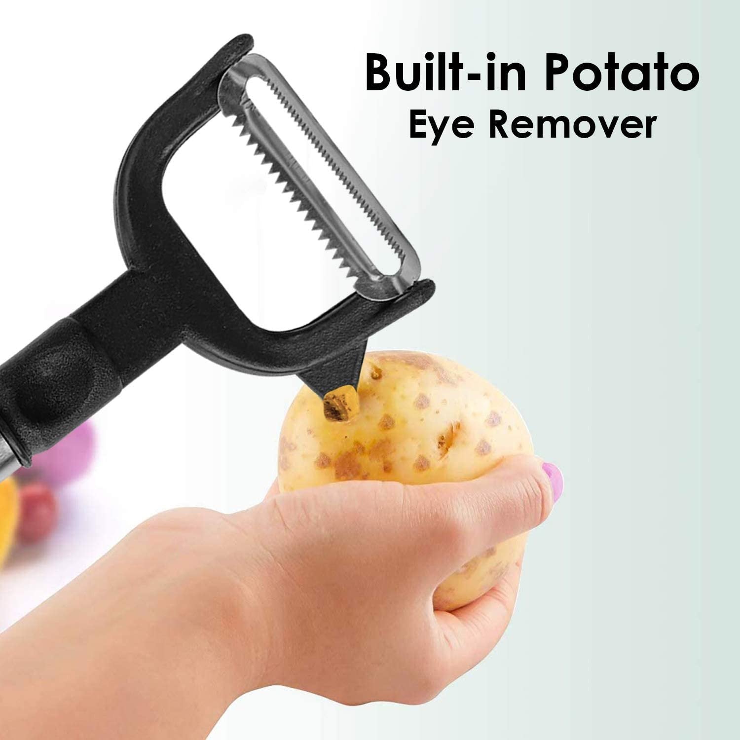 Hand holding the peeler, demonstrating vegetable julienne slicing in a kitchen.