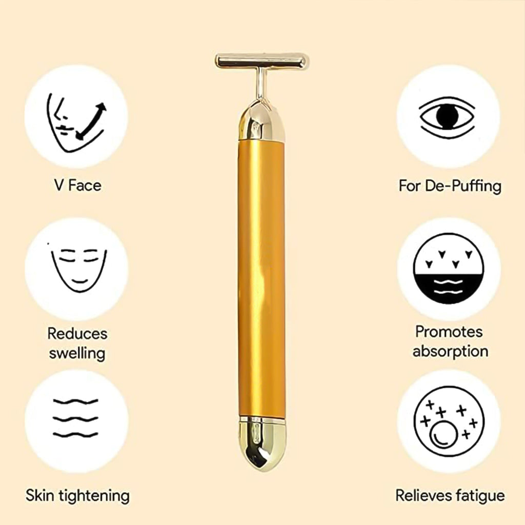 Luxury gold vibrating face roller for daily skincare.