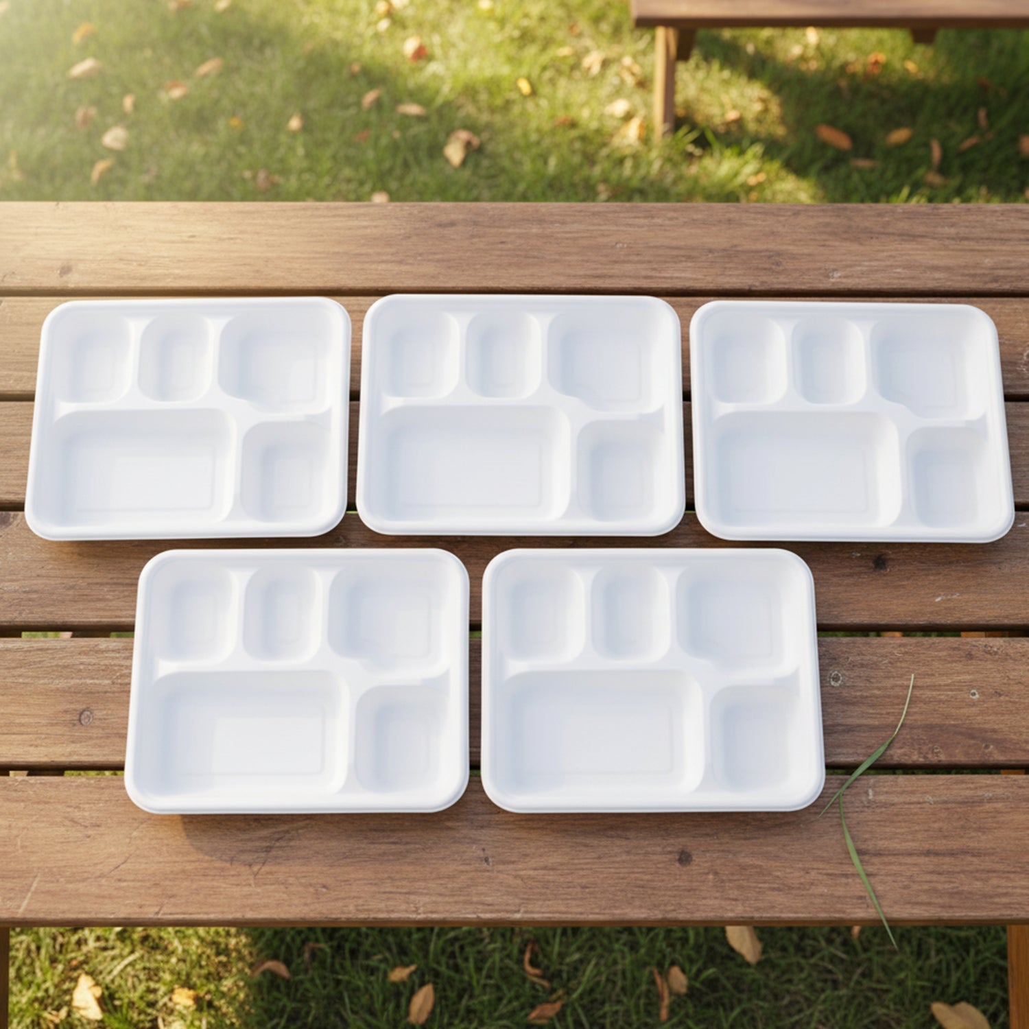 Close-up showing smooth food-safe surface of compostable bagasse meal tray