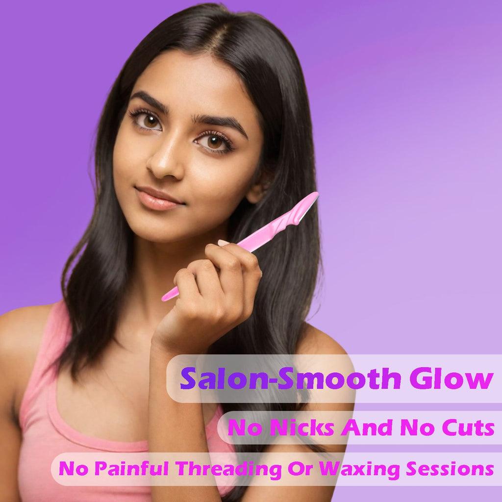 A facial hair remover razor delicately trimming fine hairs on the eyebrow area.