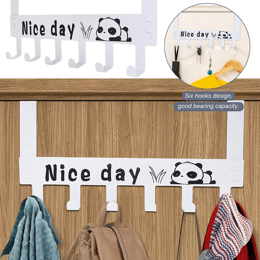 White over door hook rack featuring six hooks with playful panda cartoon design