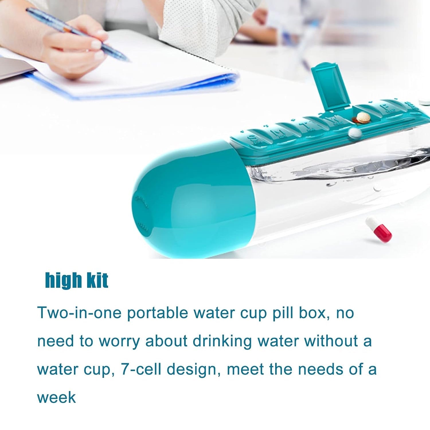 Portable Pill Organizer Water Bottle featuring a vibrant, multi-color design.