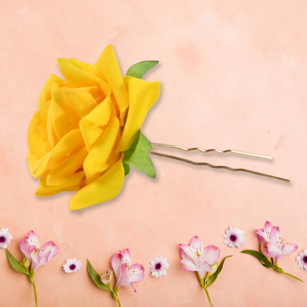 Vibrant multicolor floral hair pin displaying detailed petals in flowing arrangement