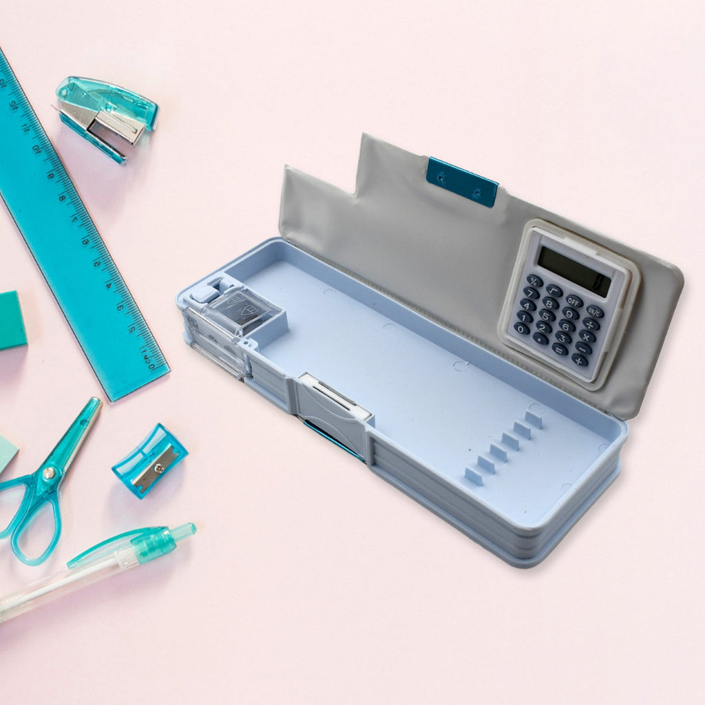 Magnetic geometry pencil box with built-in calculator for kids.