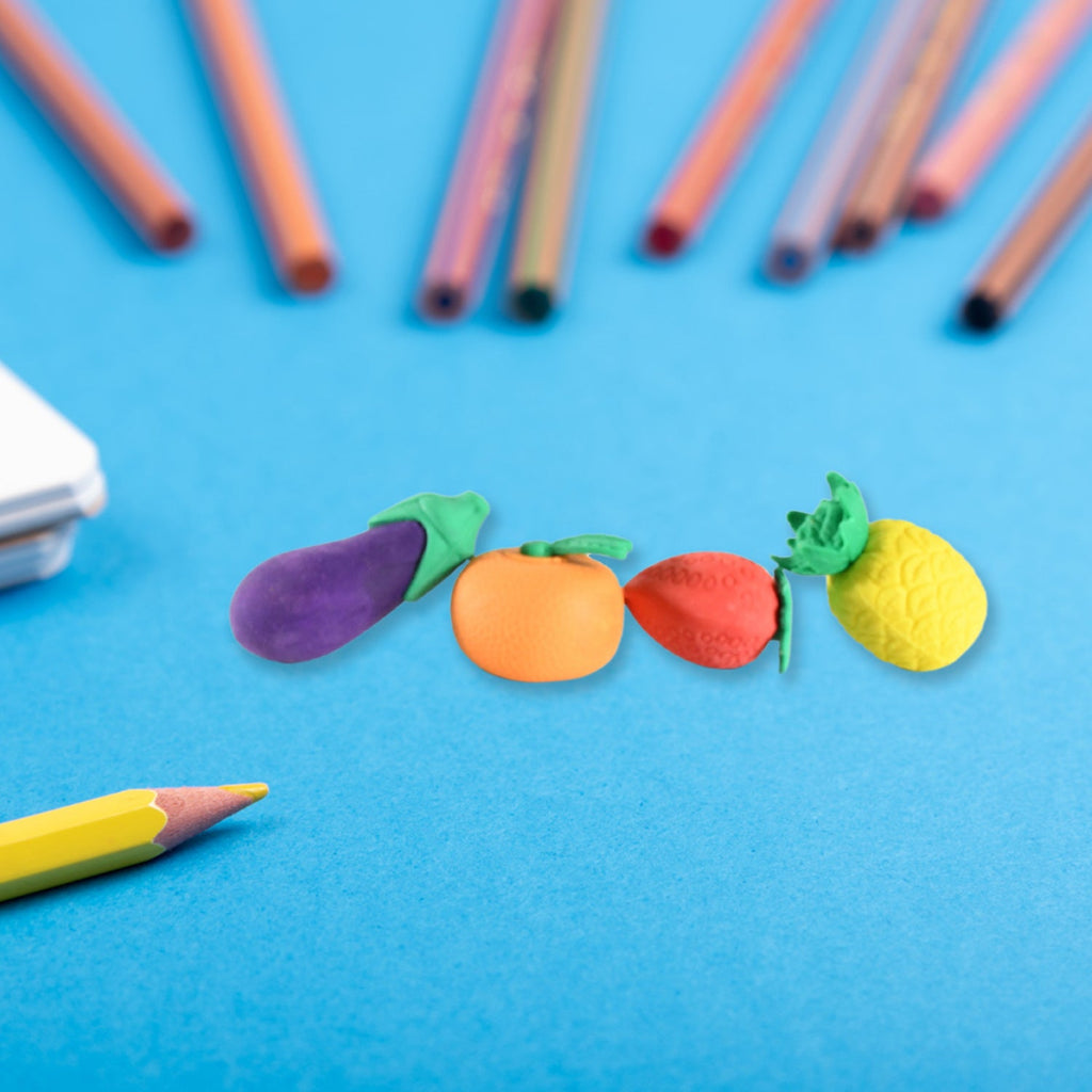 Detailed view of the colorful 3D eraser set for children, highlighting textures.