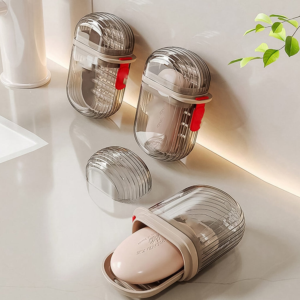 Clear plastic travel soap dish with a secure lid, perfect for toiletries.