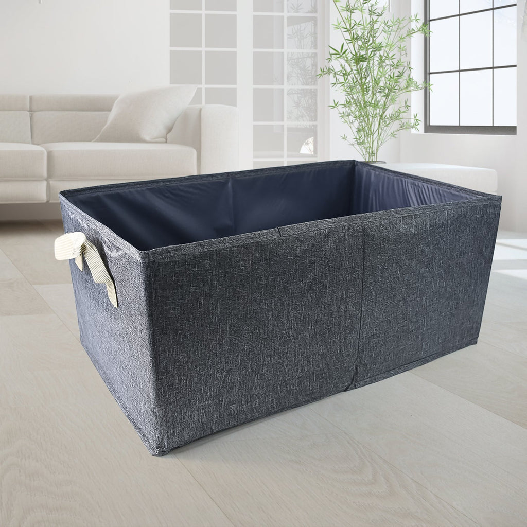 Spacious interior of the open foldable cloth storage box, ready for use.