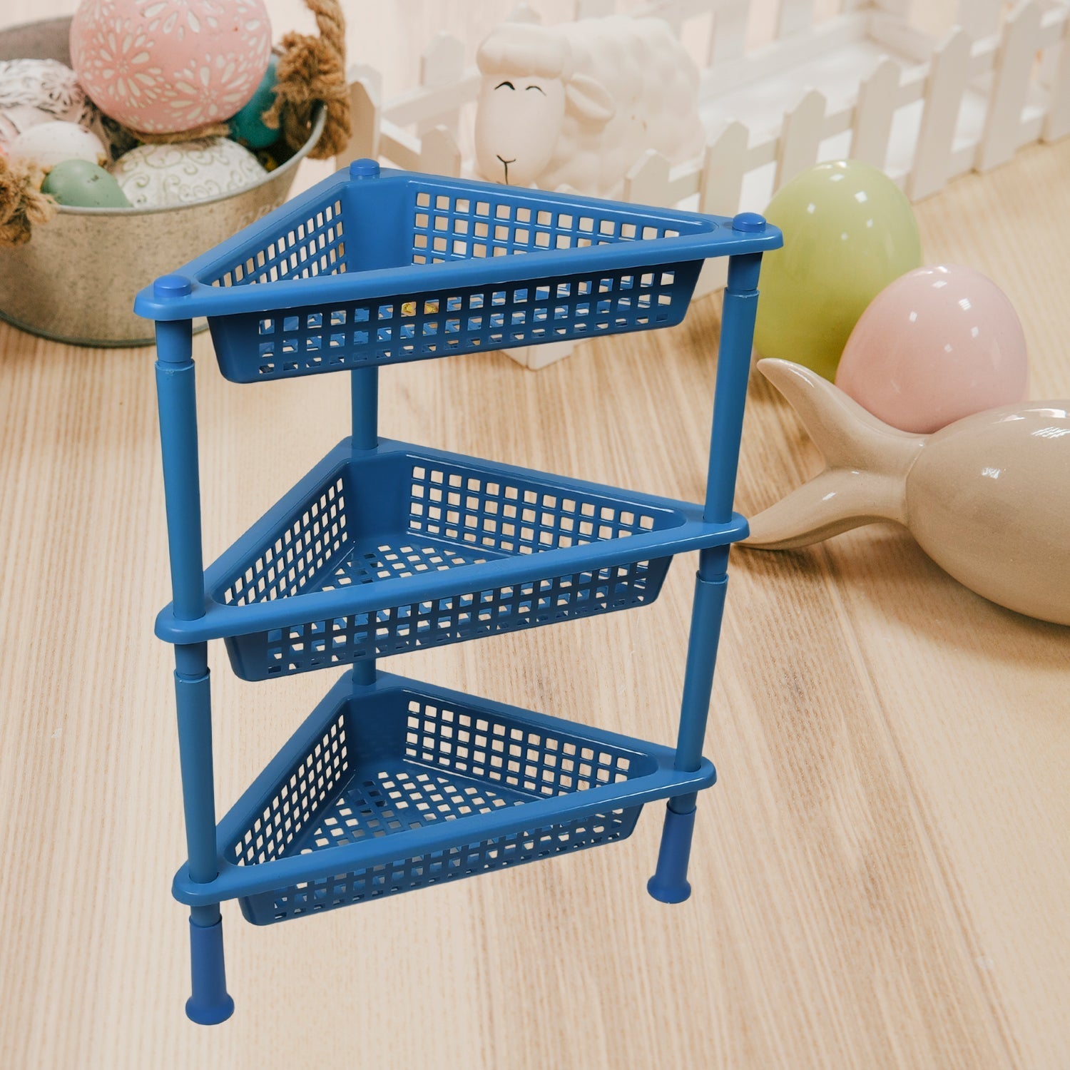 The compact 3-tier plastic storage rack used for office supplies.