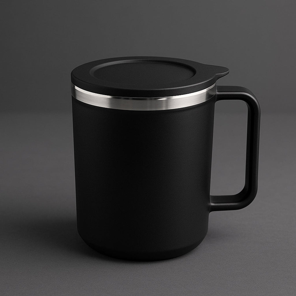 Ergonomic black insulated coffee mug with its soft-fit silicone lid, ideal for daily use.