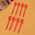 Set of 8 reusable plastic spoons arranged neatly in vibrant colors for home and outdoor use