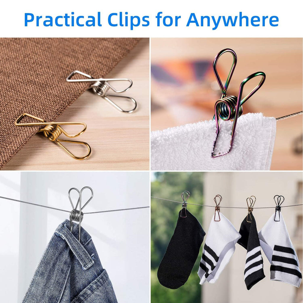 Multiple durable stainless steel clips neatly arranged, ready for laundry use.