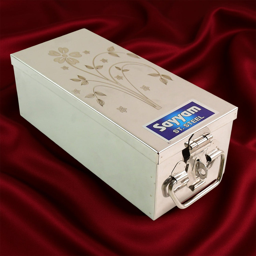 Top-down perspective of the open velvet-lined Jewellery Storage Box, showing its various sections.