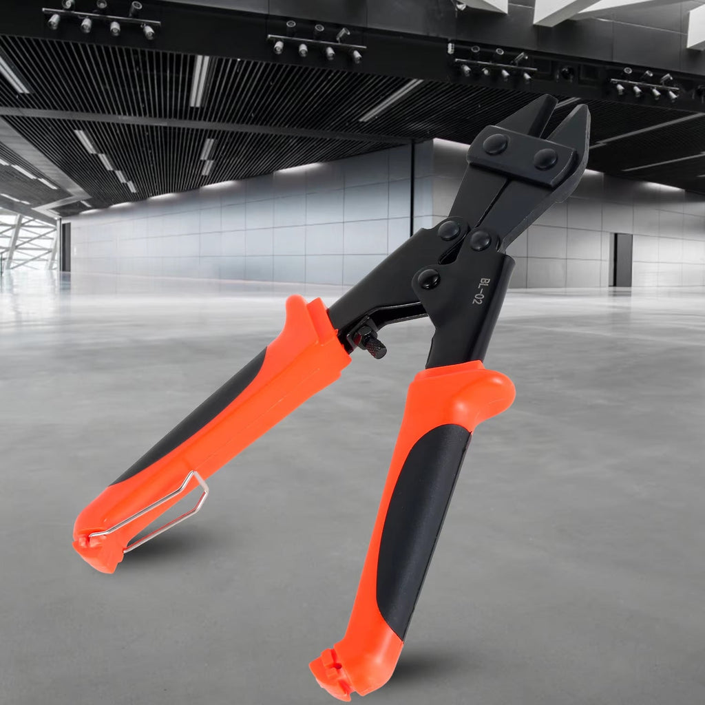 A hand demonstrating the mini bolt cutter effortlessly cutting a thick wire.