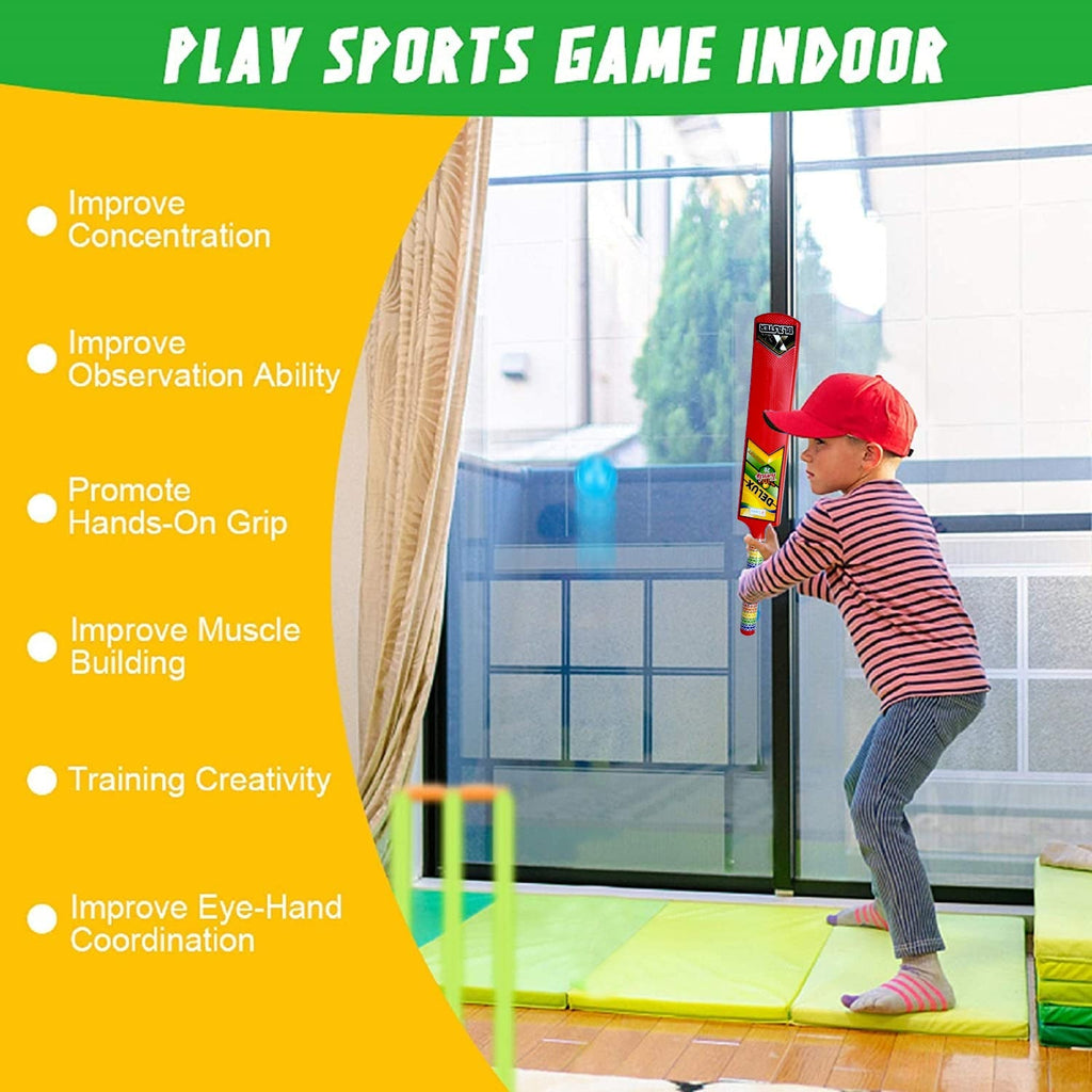 Full plastic cricket set displayed with bat, ball, and stumps, perfect for children's play.