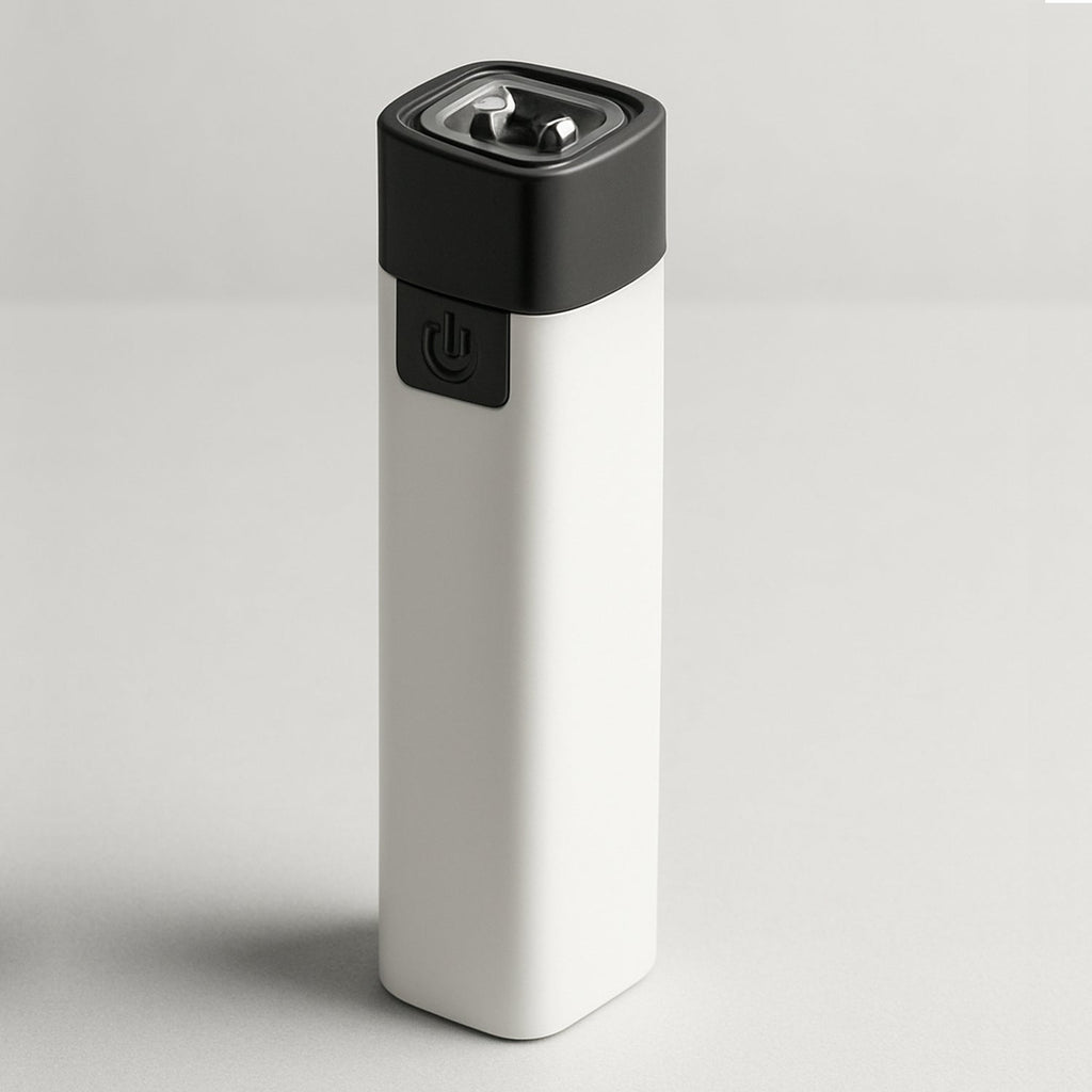 Side view of compact rechargeable LED flashlight with USB port