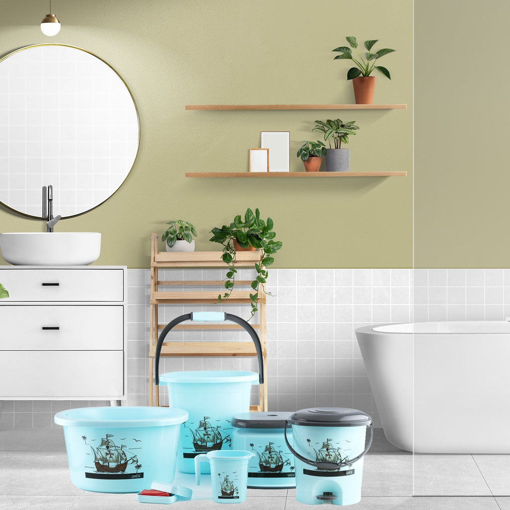 Plastic bathroom accessories set with bucket, mug, stool, and soap case in mixed colors