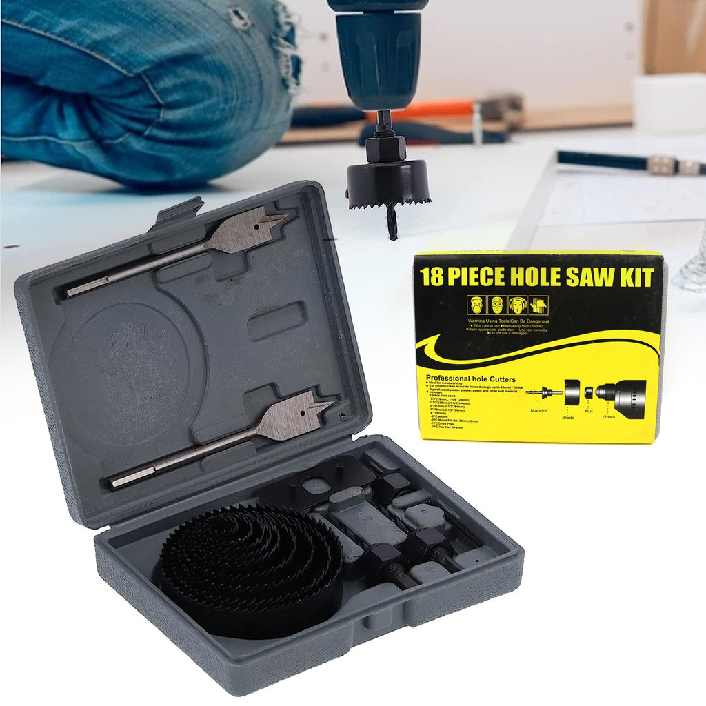 An 18-piece carbon steel Hole Saw Kit with various sizes and mandrels displayed in its organized storage case.
