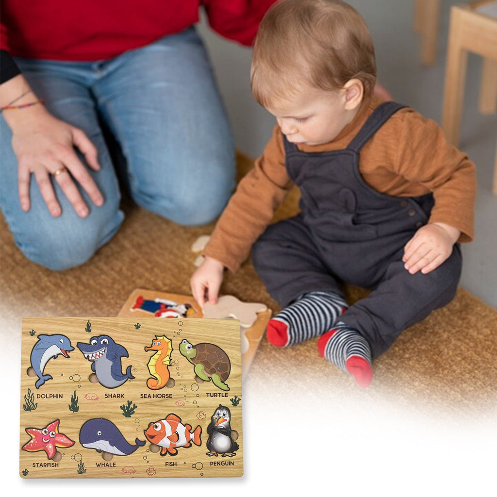 Complete Wooden Sea Animal Puzzle board showcasing various marine life shapes.