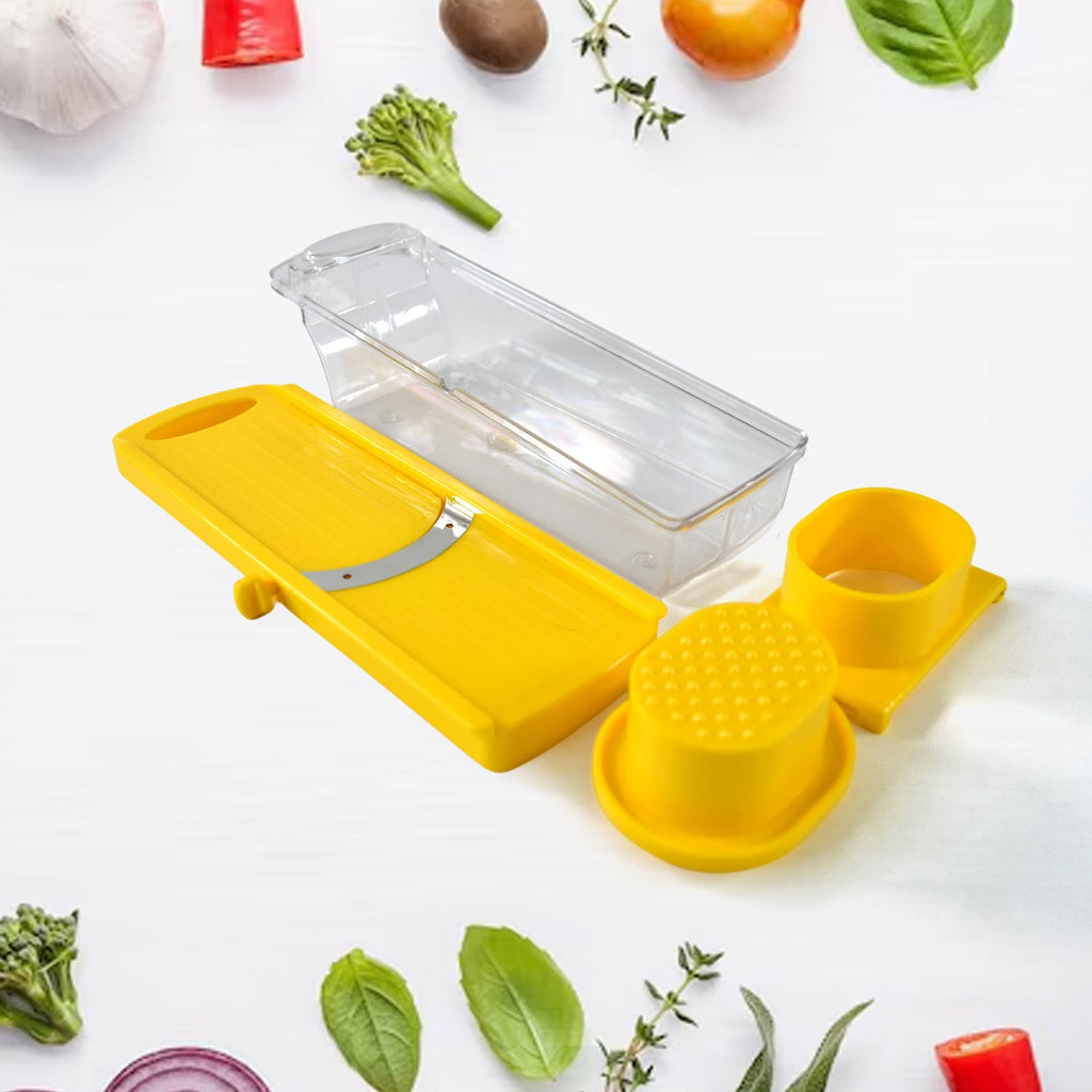 Yellow kitchen cutter with transparent container collecting sliced vegetables