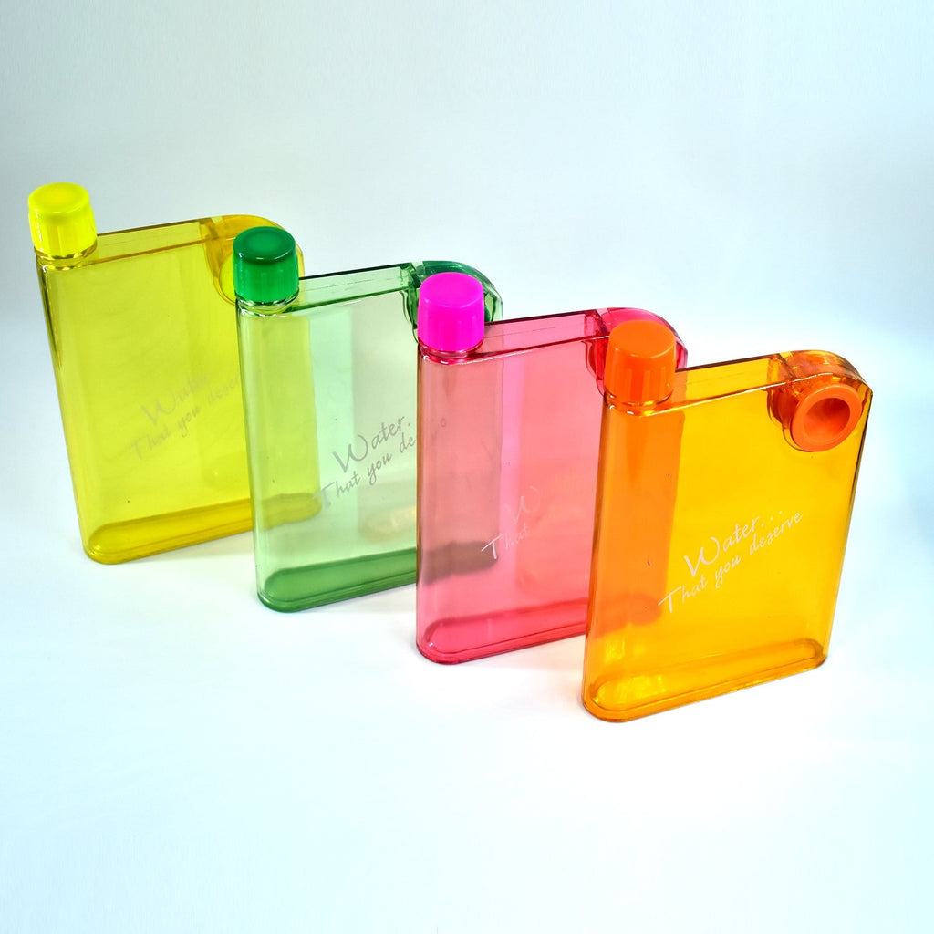 Several colorful notebook-style slim water bottles displayed together, highlighting their compact profile.