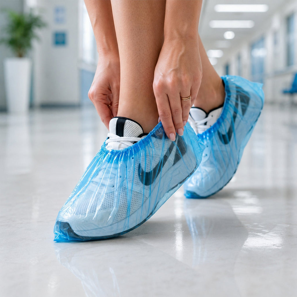 Waterproof disposable shoe covers protecting footwear