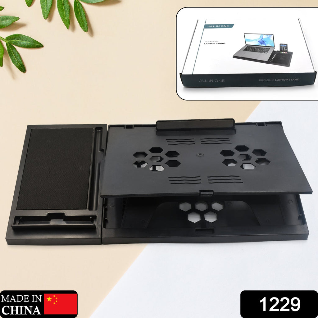 Side view of a portable foldable laptop stand with adjustable angles.