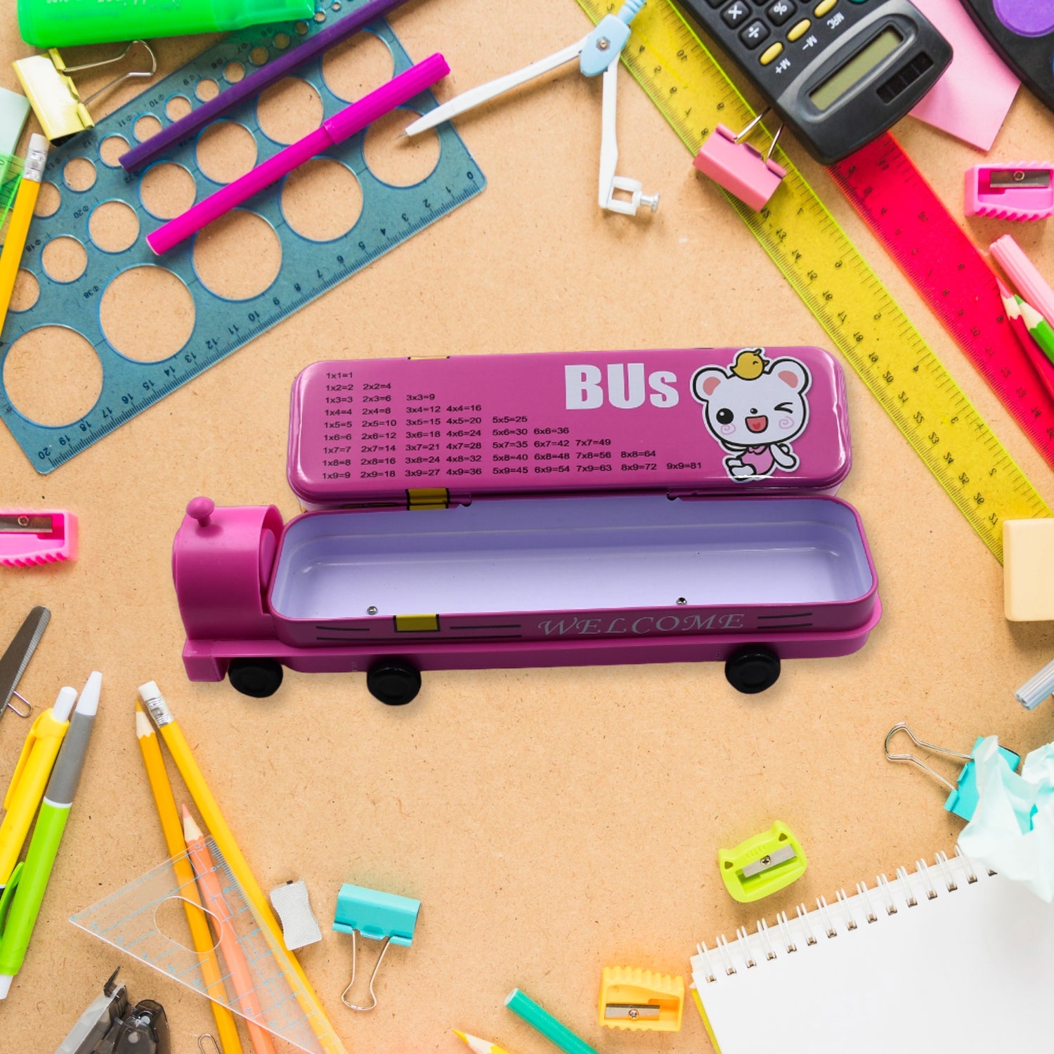 Playful metal bus pencil case with movable wheels, perfect for school-going children.