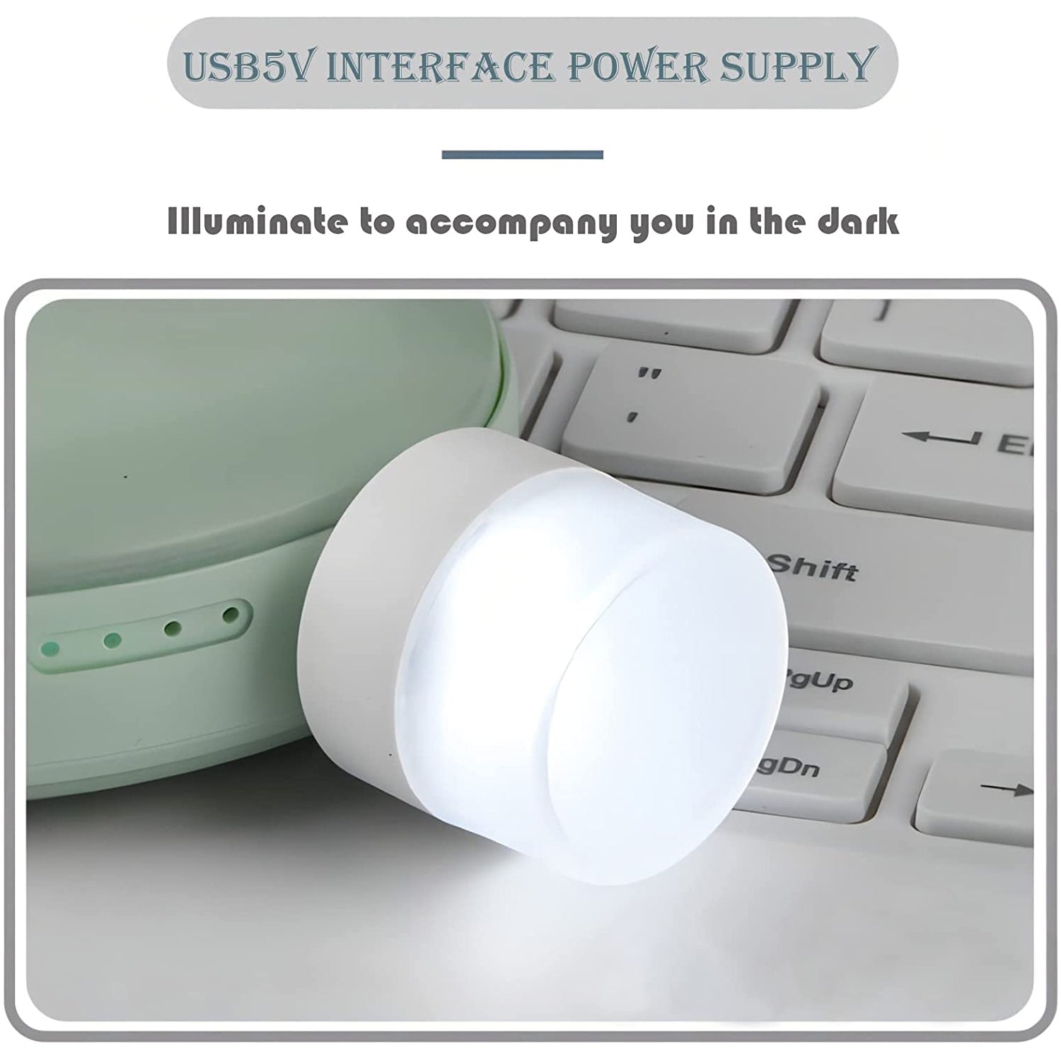 Close-up of a compact USB bulb emitting bright white light for room illumination.