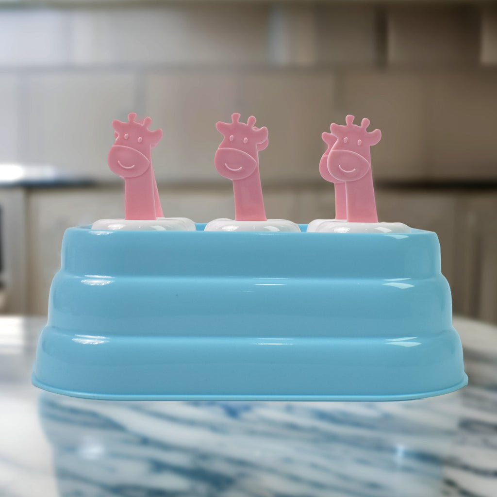 Close-up showing six giraffe-shaped plastic ice mold cavities