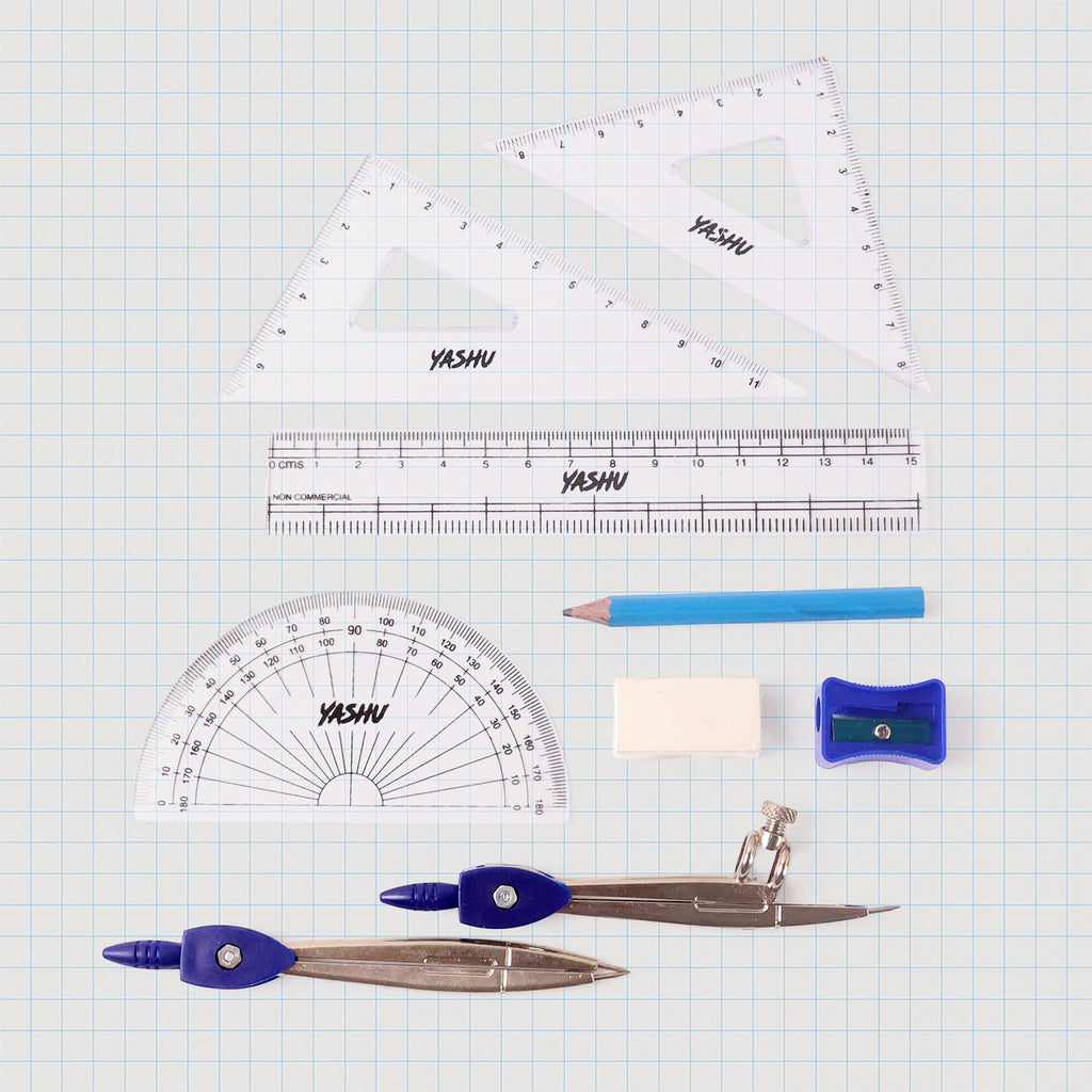 Geometry instrument box set components organized inside sturdy metal case