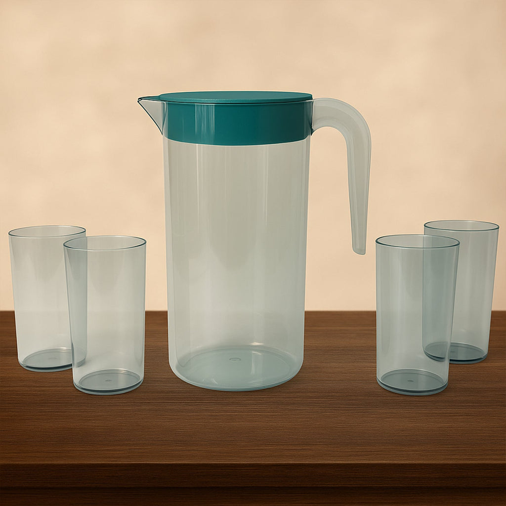 Crystal Premium Jug set with spill-proof lid and 4 matching glasses for home use
