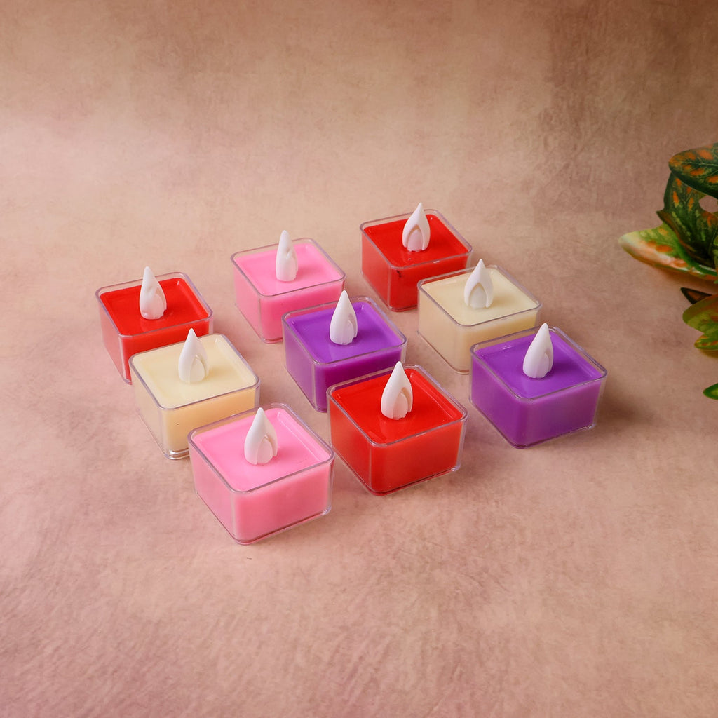 Close-up of multicolor square LED tealight candle showing flickering flame effect