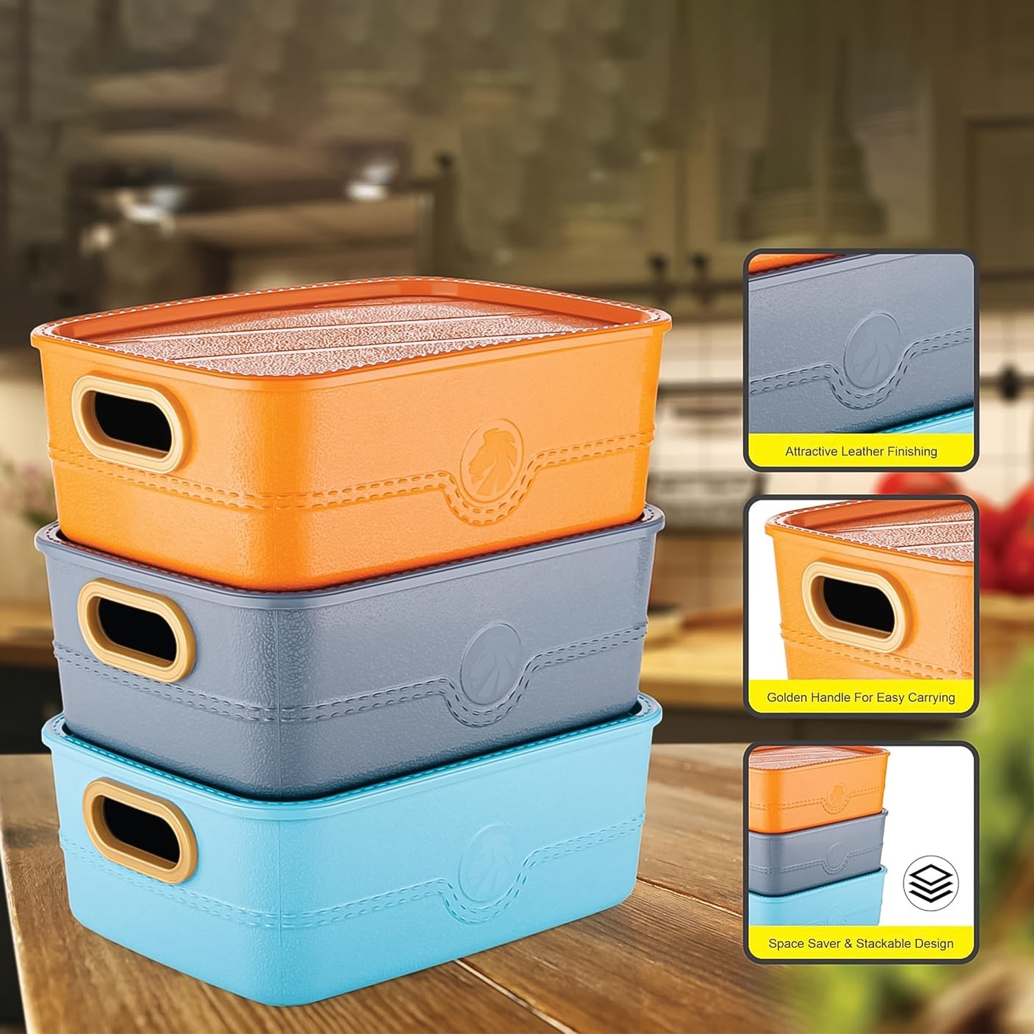 Close up of carry handles on plastic storage basket set
