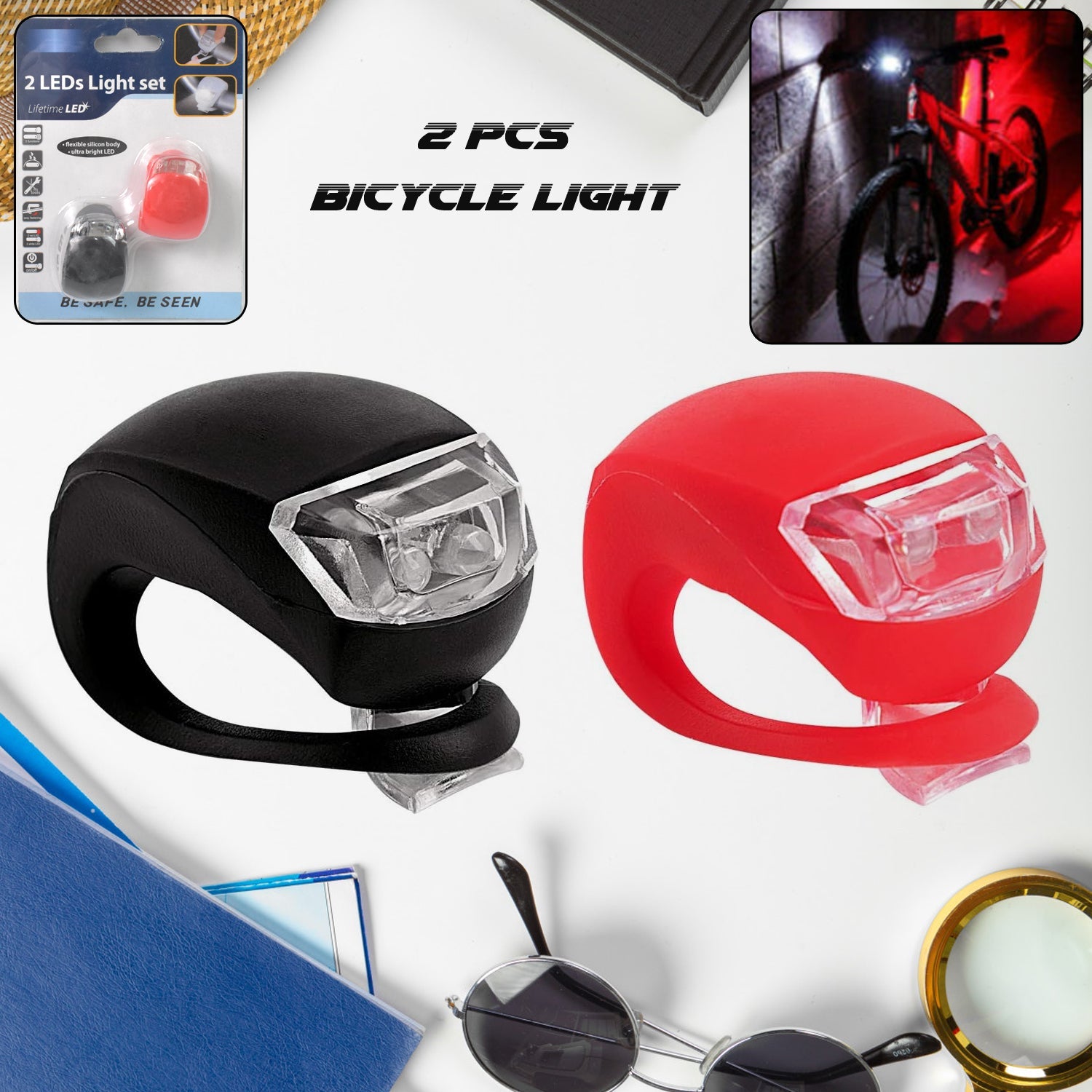 RaceVault Bike Light Set featuring a bright LED headlight mounted on a bicycle handlebar.