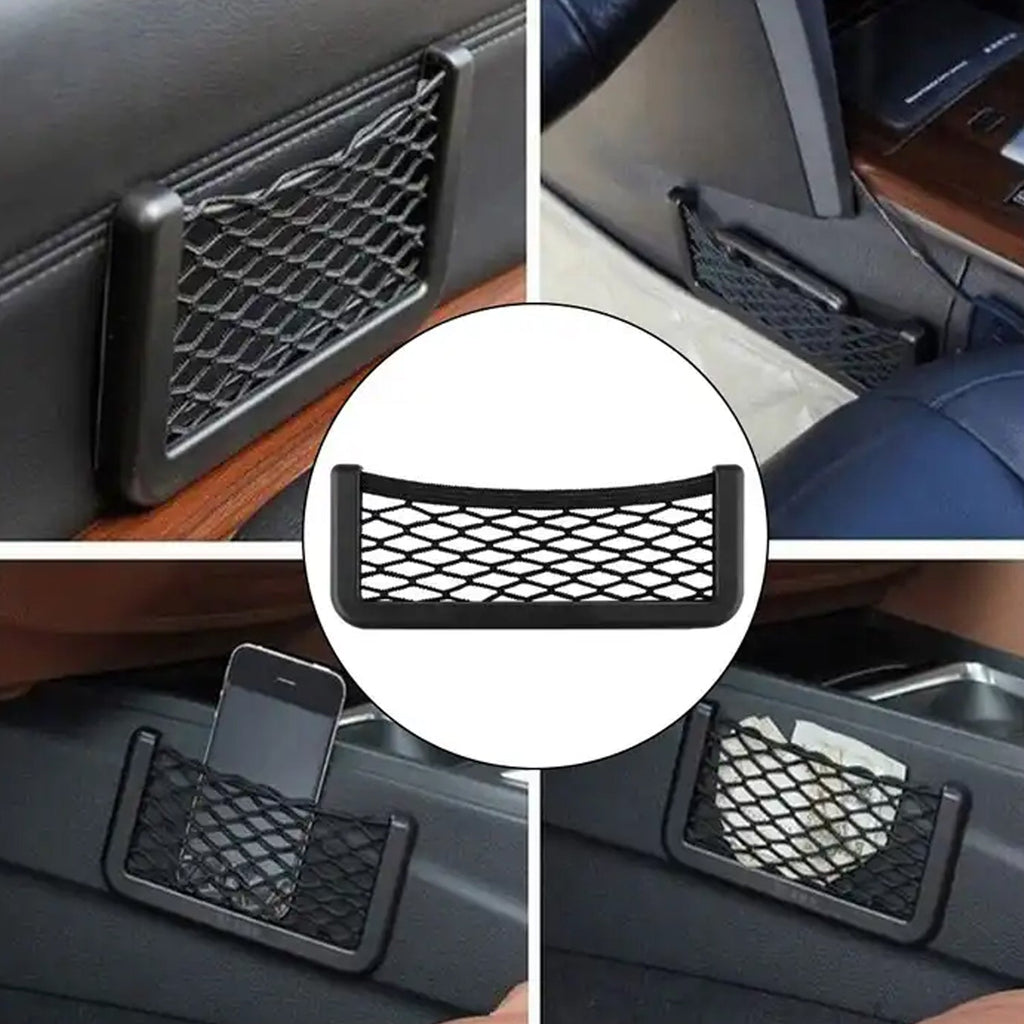 Close-up of the car seat organizer mesh, showcasing its elastic material.