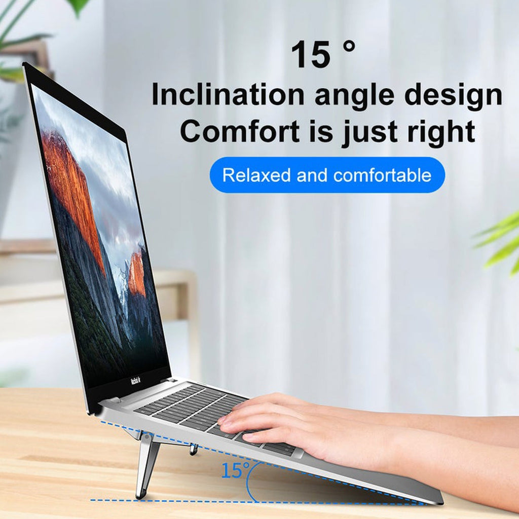 The mini metal folding laptop stand shown in its compact, folded state, ready for travel.