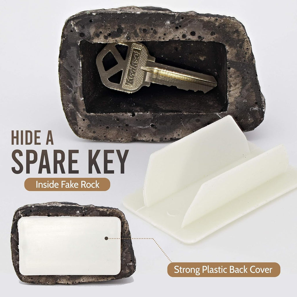 Close-up of the weatherproof fake rock key hider for outdoor key storage.