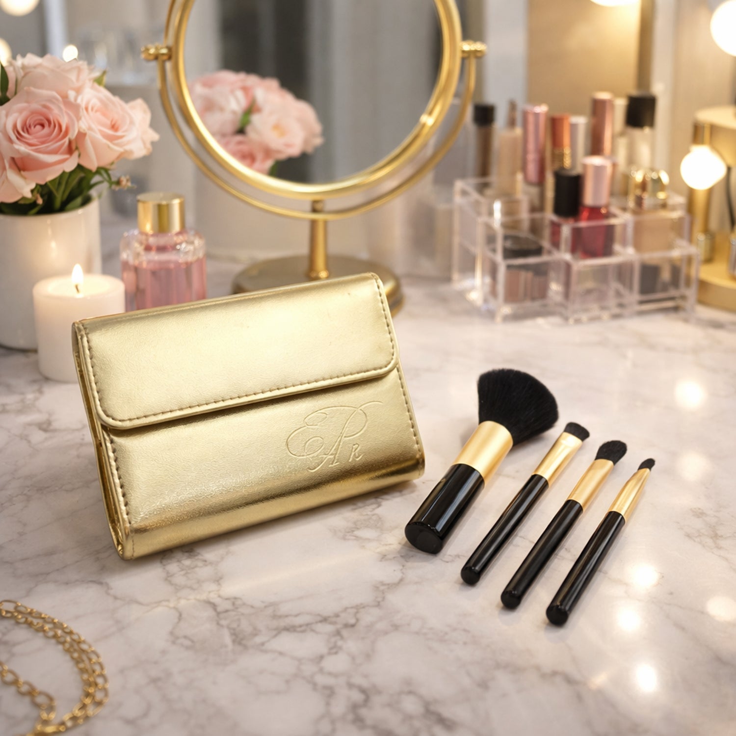 Portable makeup brush set with storage pouch and essential brushes