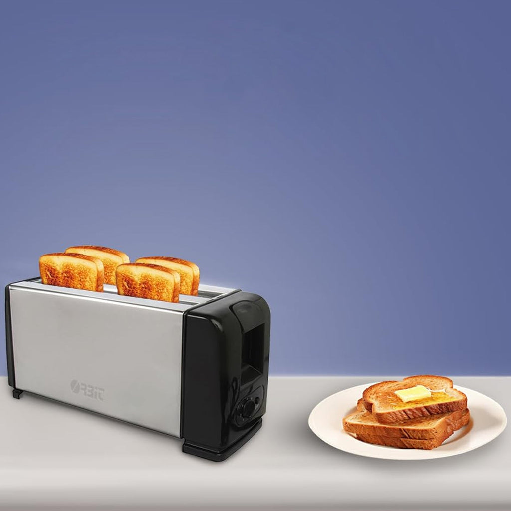 Front view of stainless steel Orbit 1200W 4-slice pop-up toaster