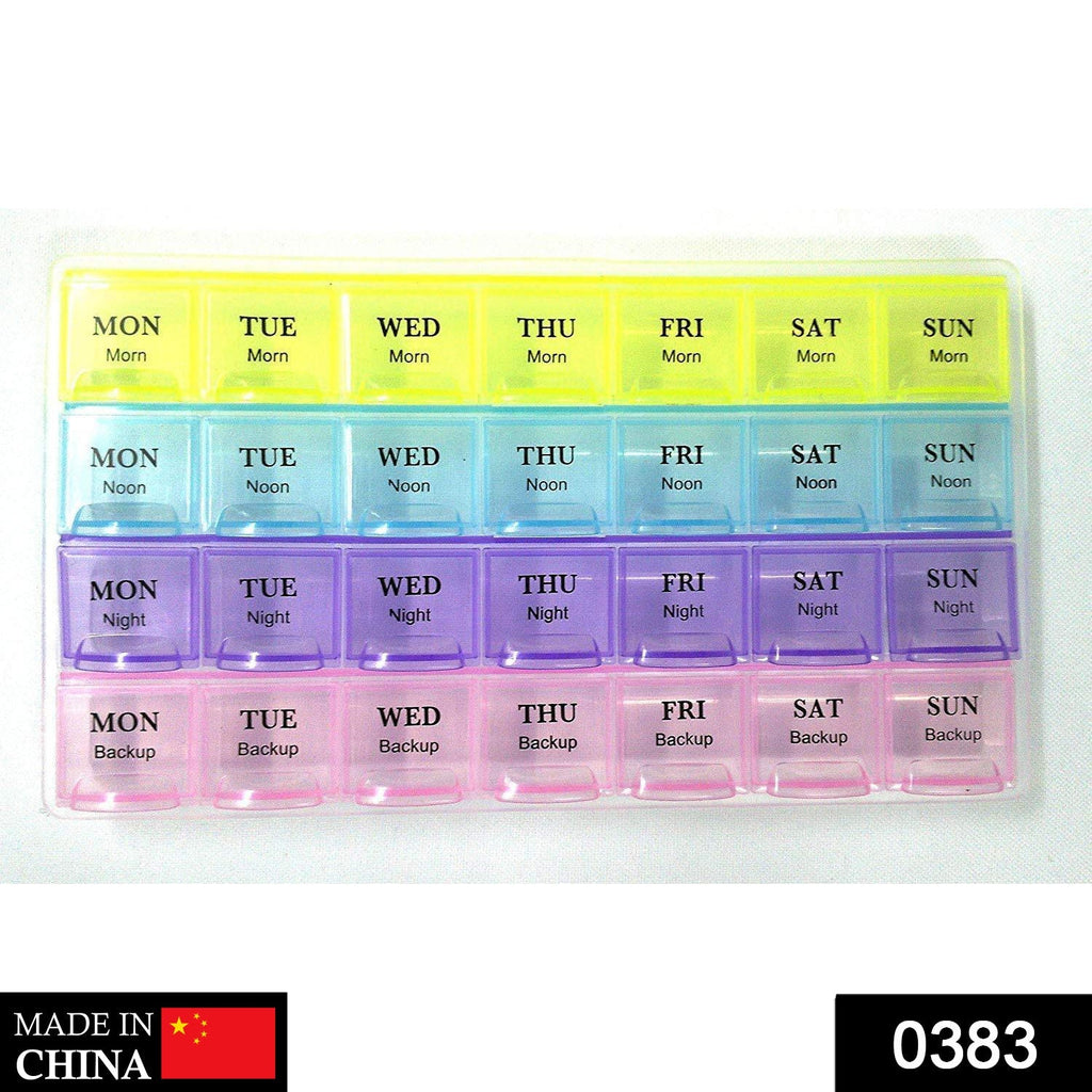 Top view of a compact 28-slot weekly pill organizer with clear daily compartments.