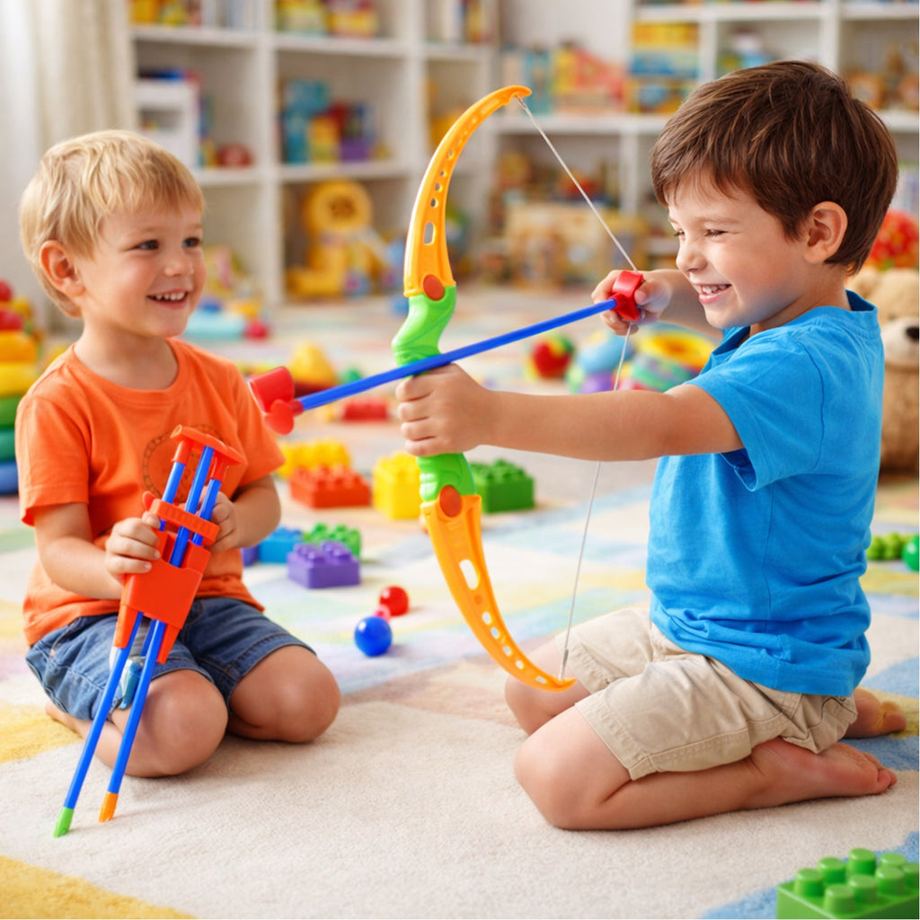 The durable yellow plastic bow and three red-tipped arrows from the Kids Archery Set.