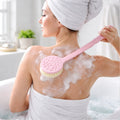 Velvet Wipe Back Scrubber with long handle and soft, blue bristles for showering.