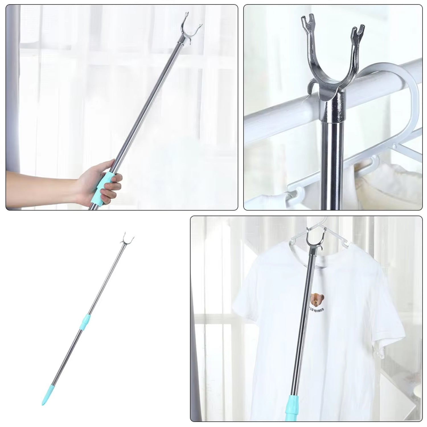 Versatile clothes hanger pole used for various high-reach tasks.