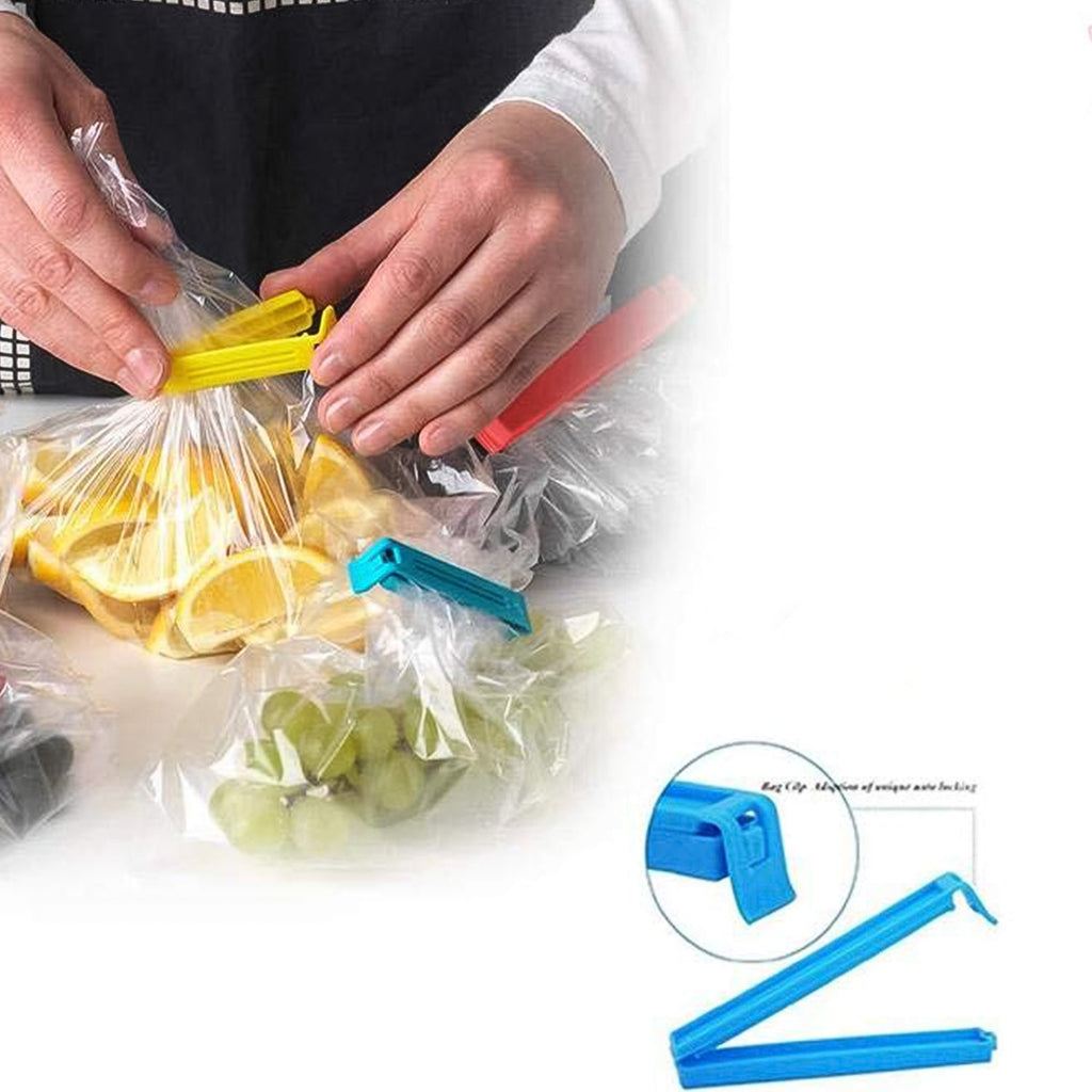 Multipurpose plastic clips sealing various food pouches and bags in kitchen