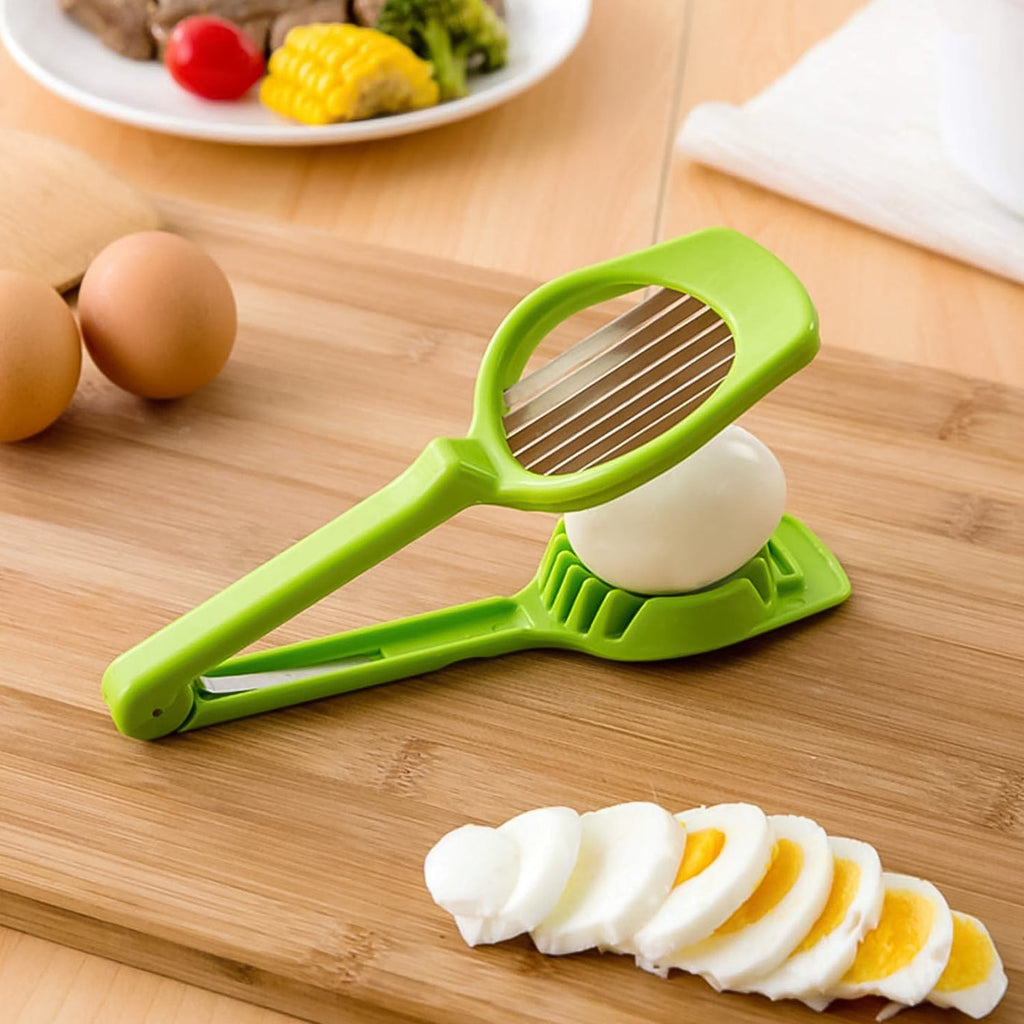 Close-up view of the Multipurpose Slicer efficiently dicing a boiled egg.