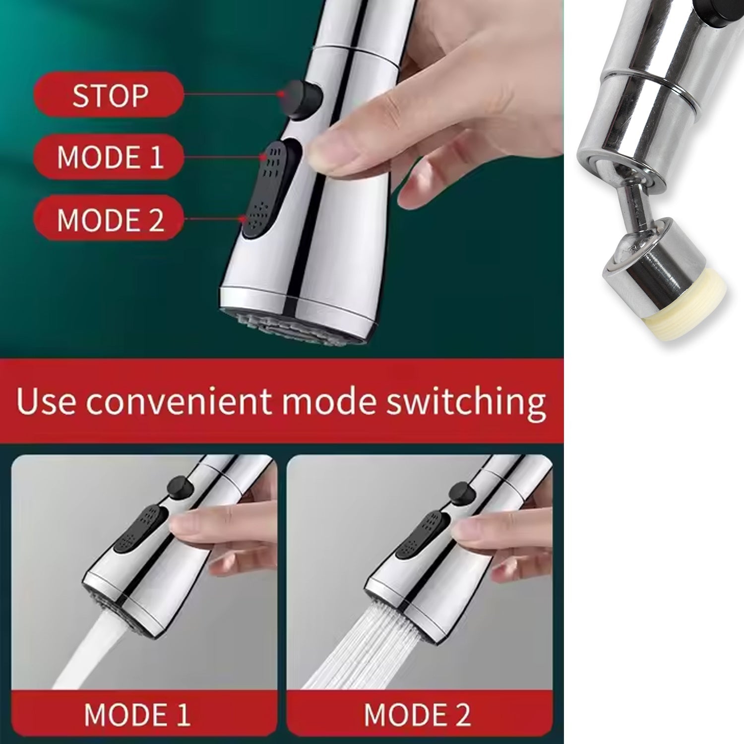 720-degree rotatable kitchen faucet sprayer demonstrating flexible movement.