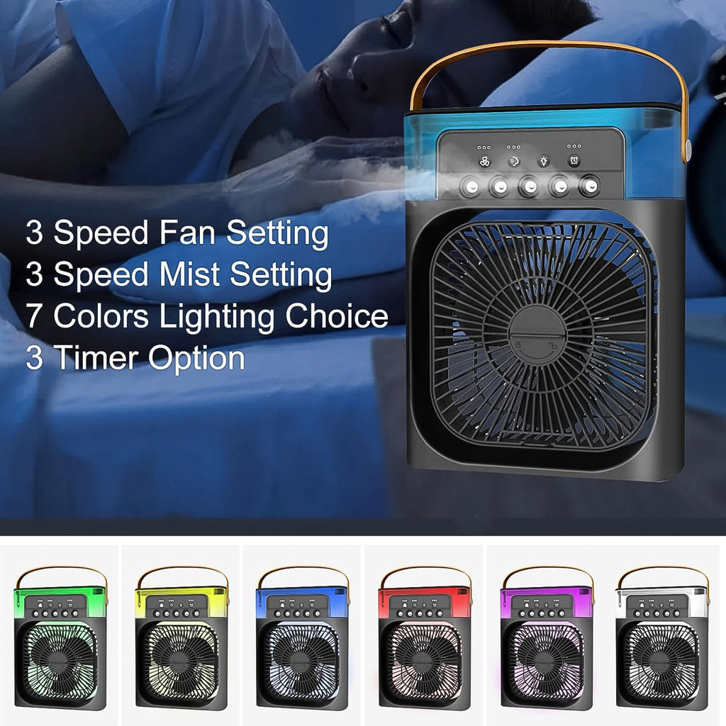 Side view of the compact Portable Air Conditioner Fan placed on a table.