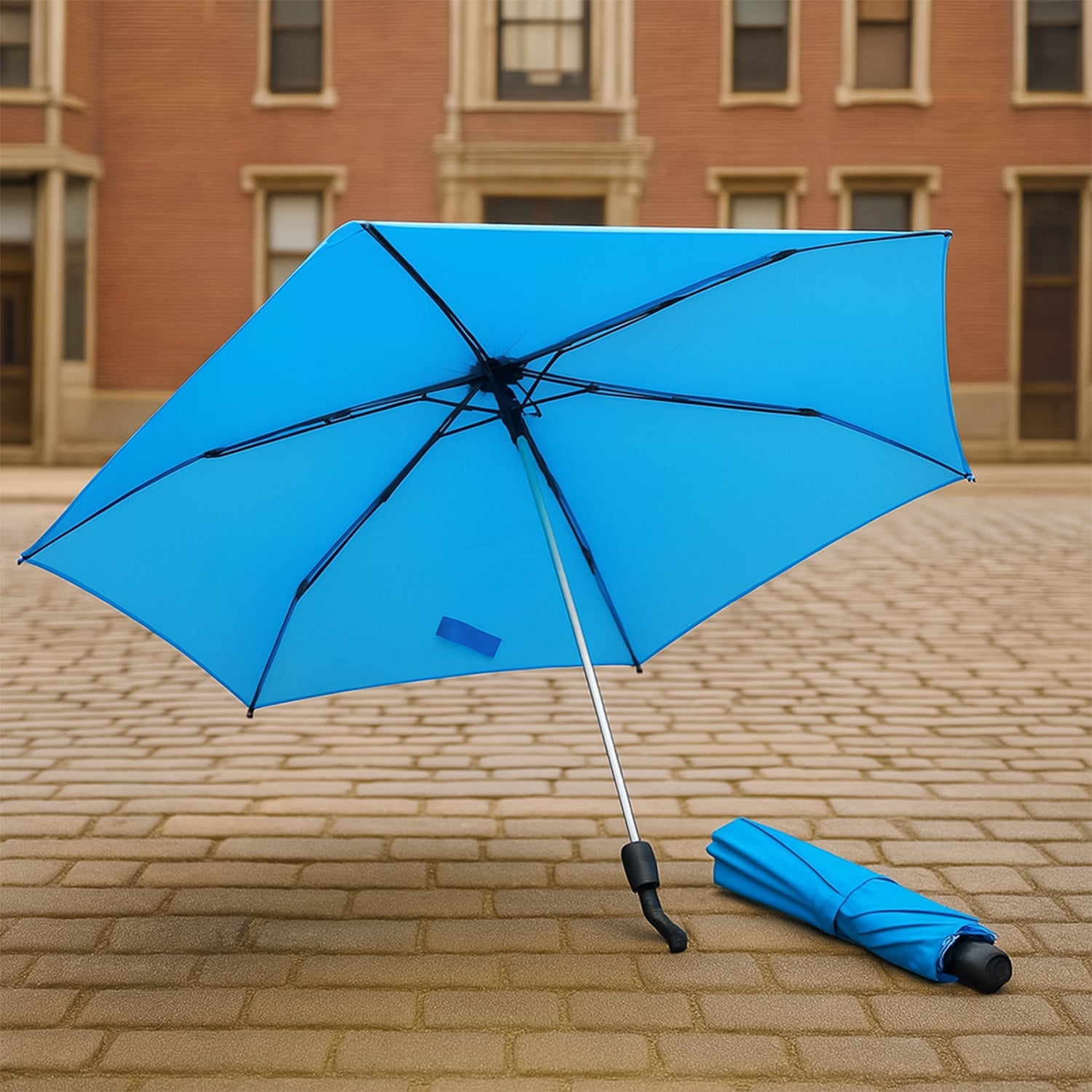 A vibrant 3-fold umbrella, compactly folded and secured with a strap, ready for travel.