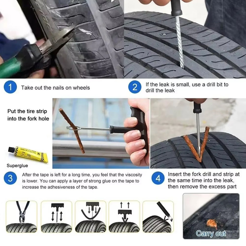 Compact and portable tubeless tyre repair kit for emergency roadside fixes.