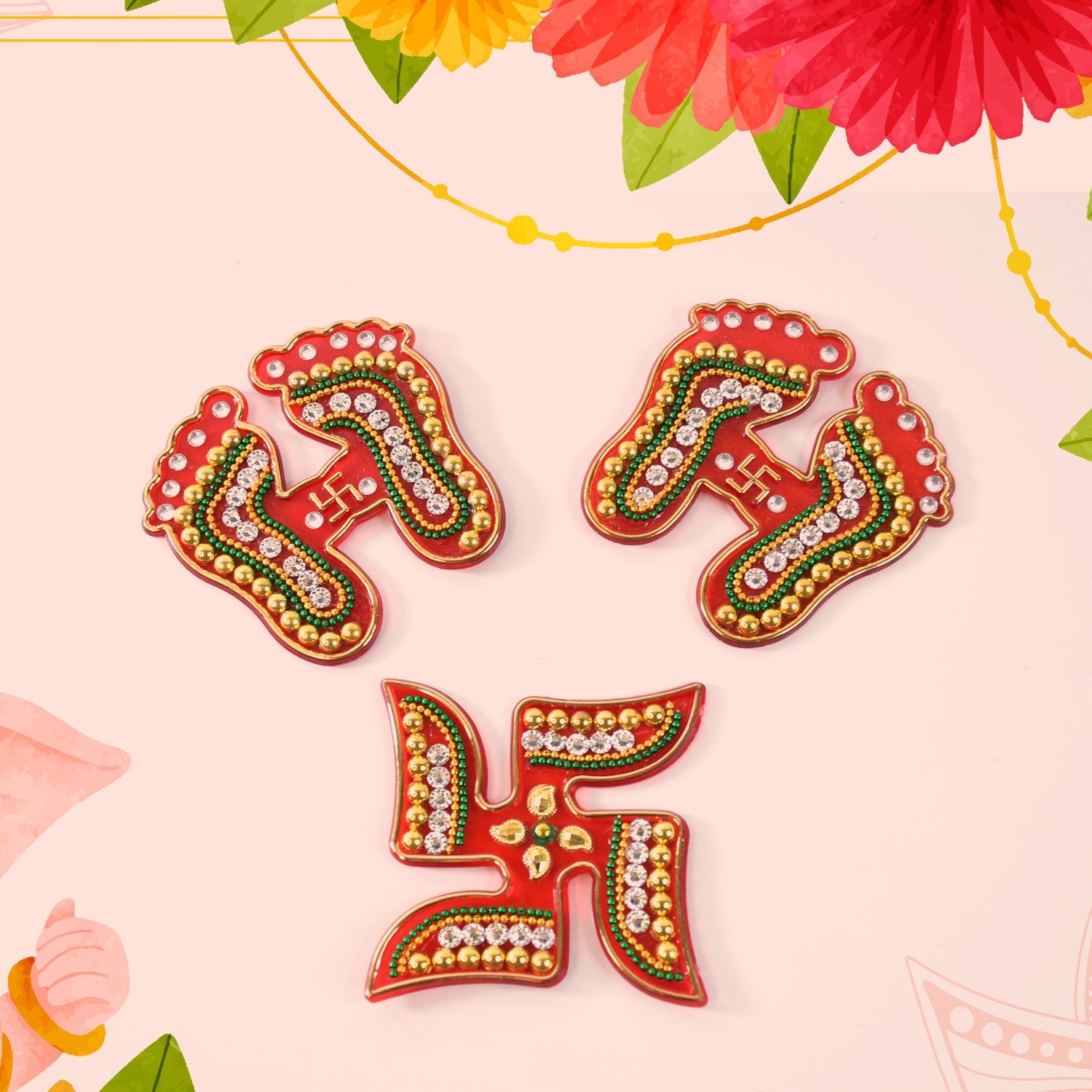 Set of Laxmi Charan and Swastik decorative stickers for pooja décor